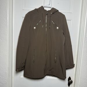 Calvin Klein Brown Hooded Softshell Jacket Size L Zip Pockets Gold Hardware